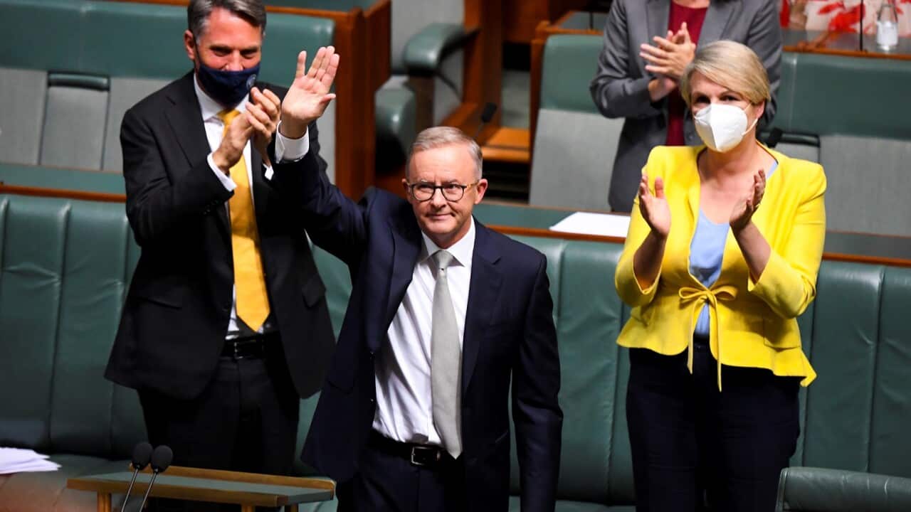 Federal Opposition Leader Anthony Albanese acknowledges the public galleries after delivering his Budget Reply Speech in the House of Representatives