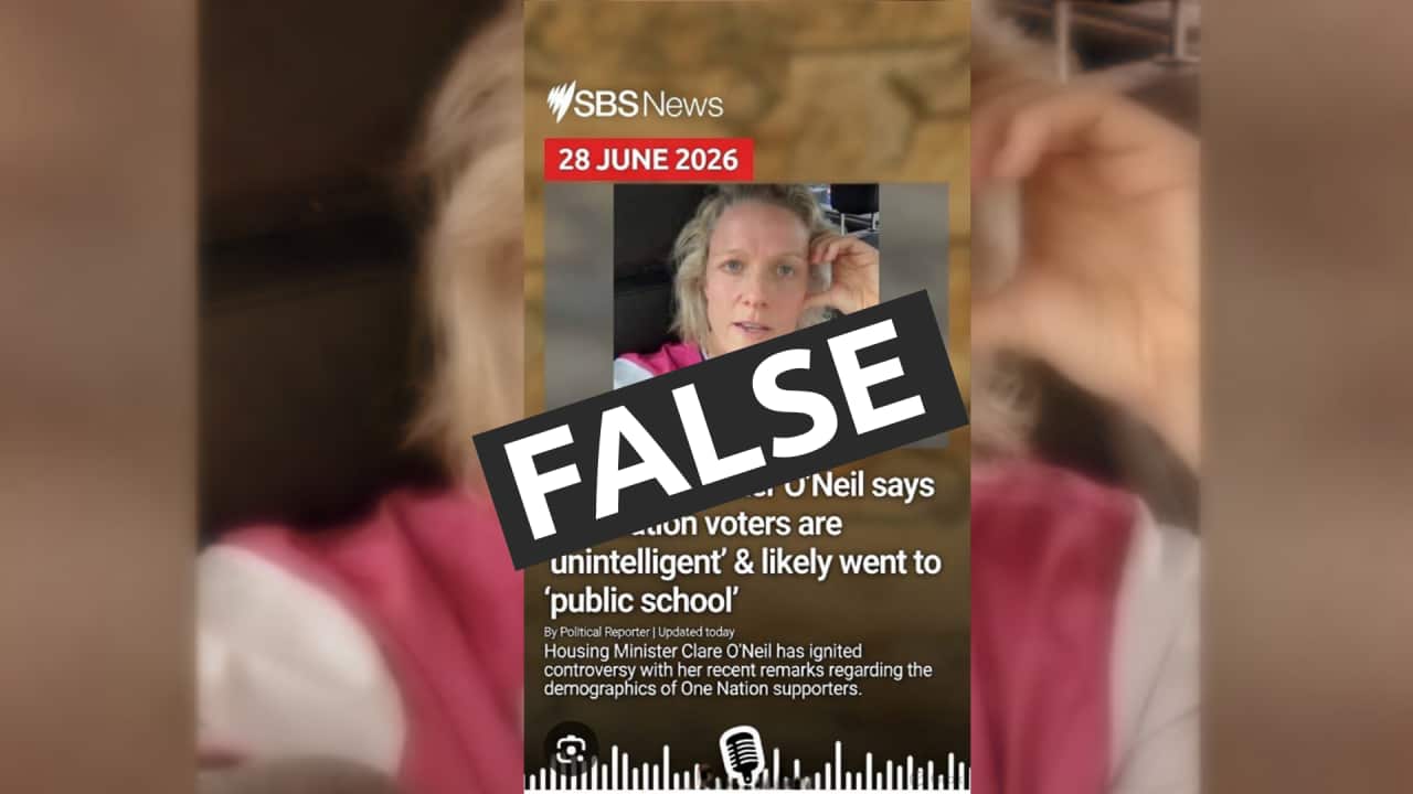 A graphic showing fake story and an edited SBS News logo with the label, 'FALSE' written across it.