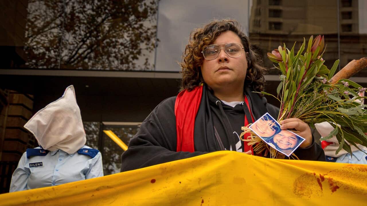 Latoya Rule at a protest to ban the use of spit hoods which were used on their brother Wayne Fella Morrison before he died in custody in 2016.