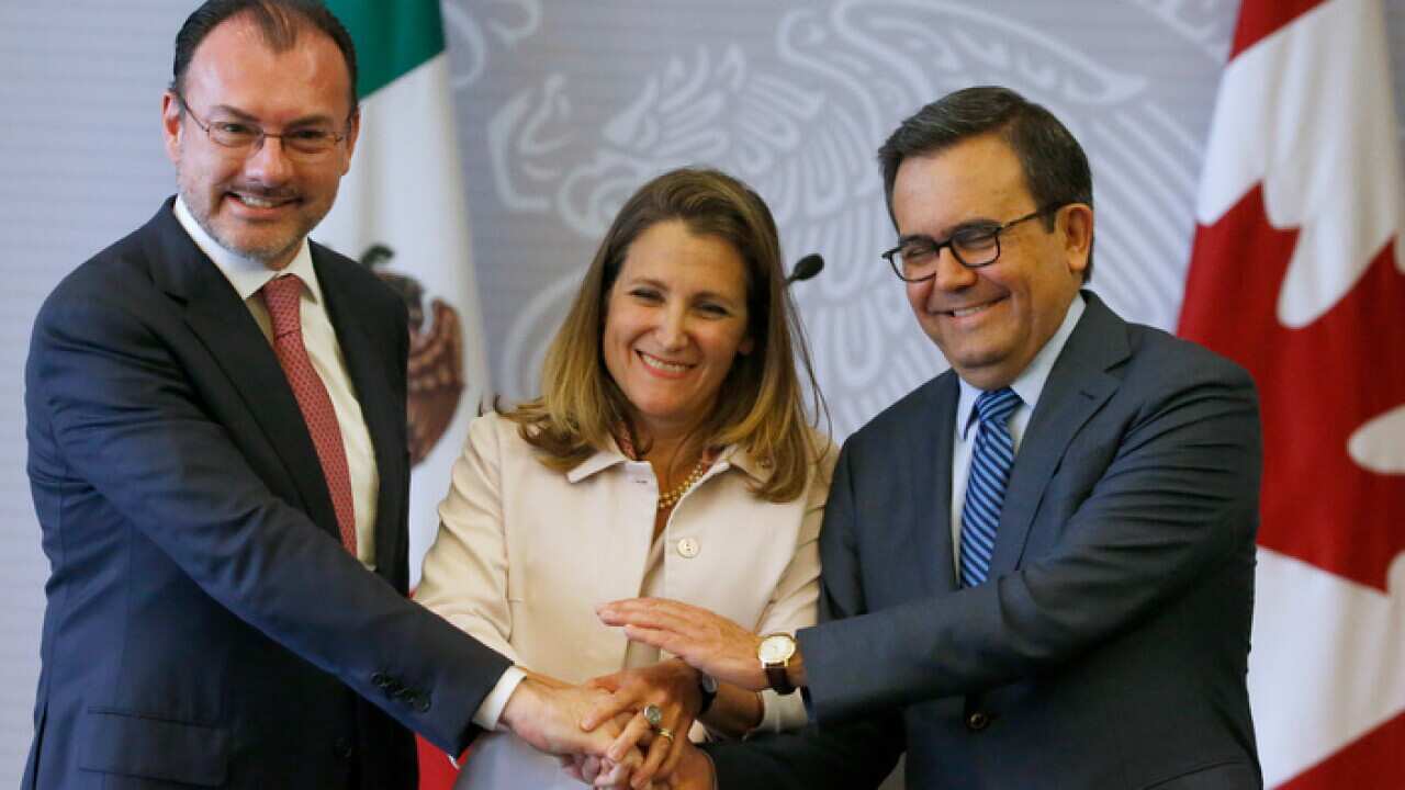 Mexico's Foreign Minister Luis Videgaray, left, Canada's Foreign Affairs Minister Chrystia Freeland