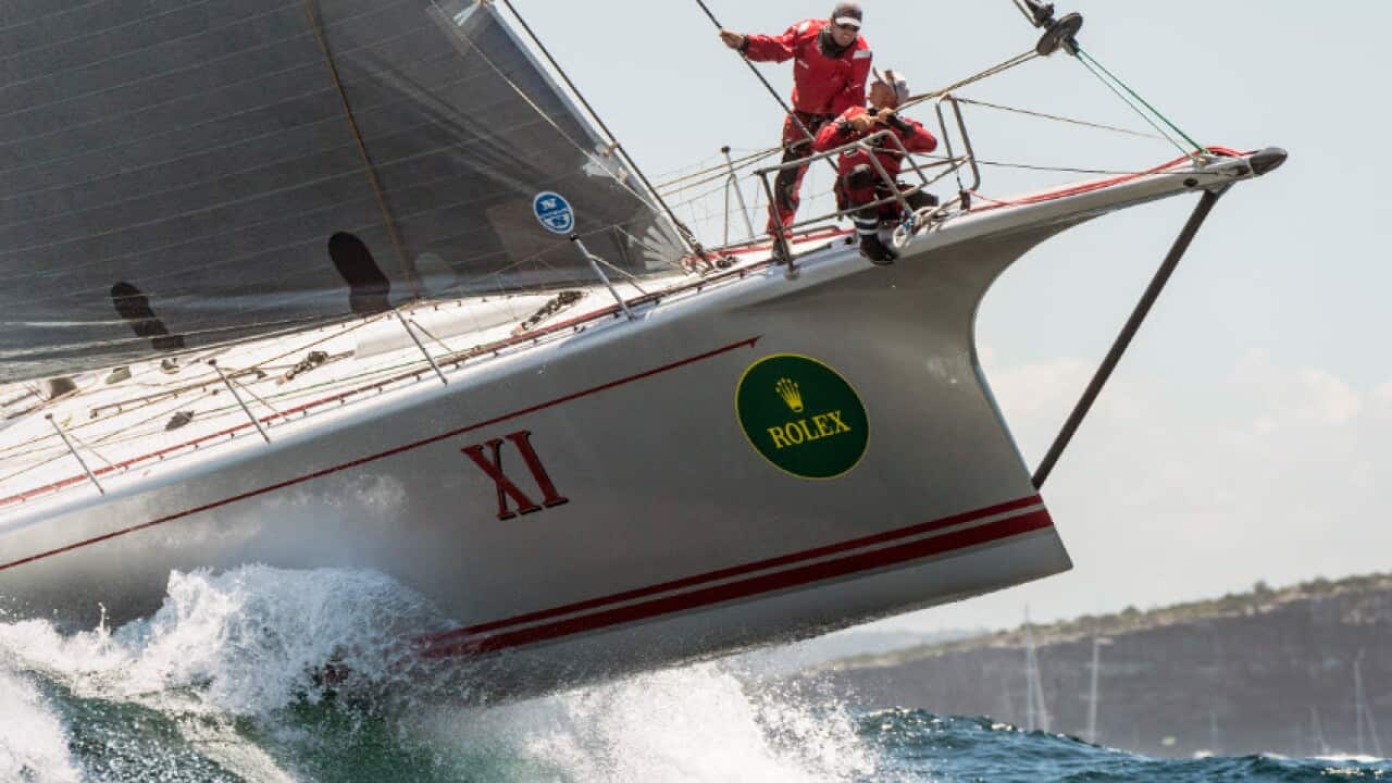 Supplied image of Wild Oats XI, owned by the Oatley Family, at the start of the 72nd annual Sydney to Hobart yacht race.