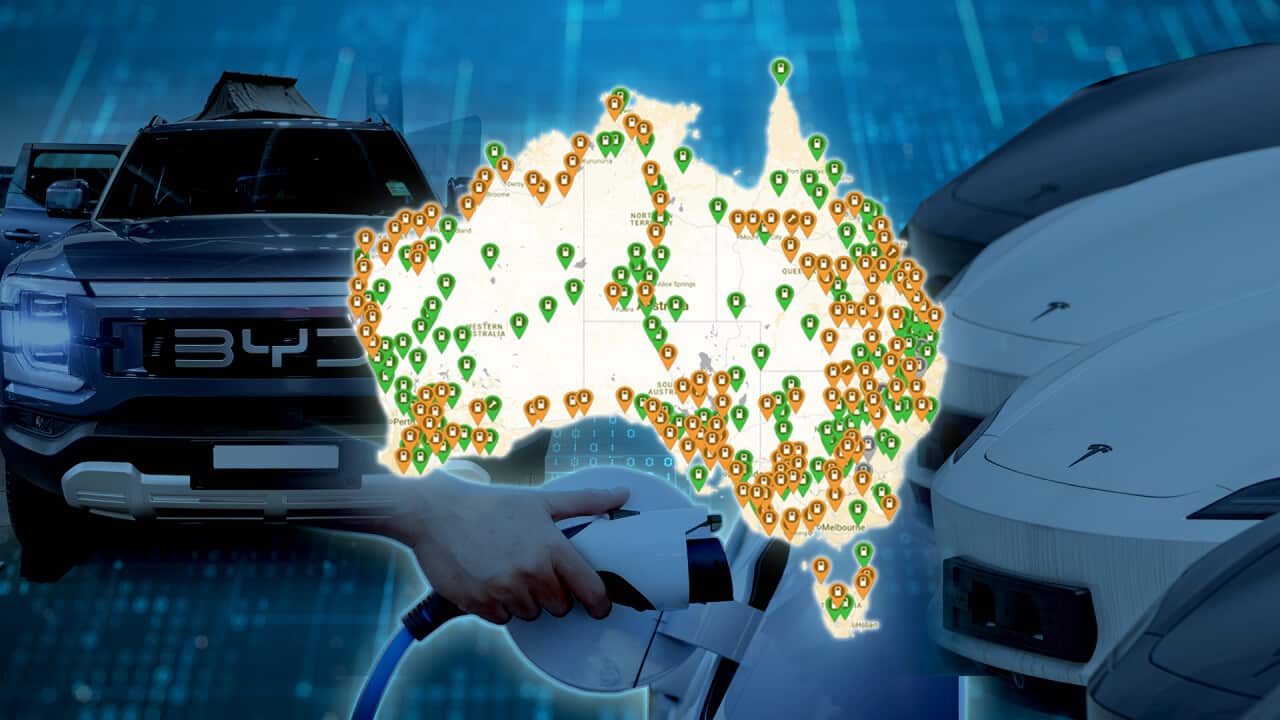 A graphic of a map of Australia showing various EV charging ports around the country.