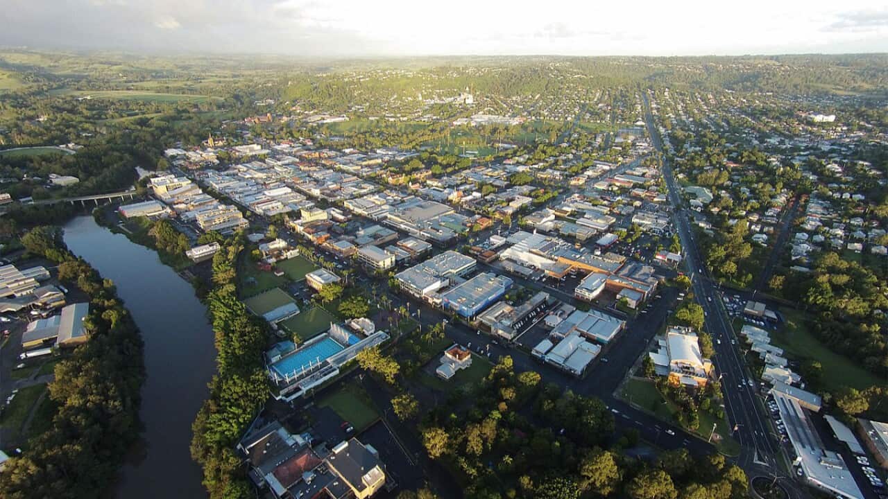 Lismore NSW Australia Aerial View from helicopter, overlooking the Bruxner Highway and Lismore CBD.