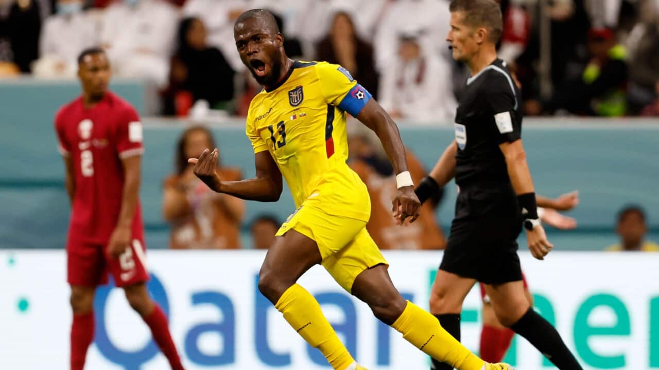 Enner Valencia celebrates a goal for Ecuador at the FIFA World Cup