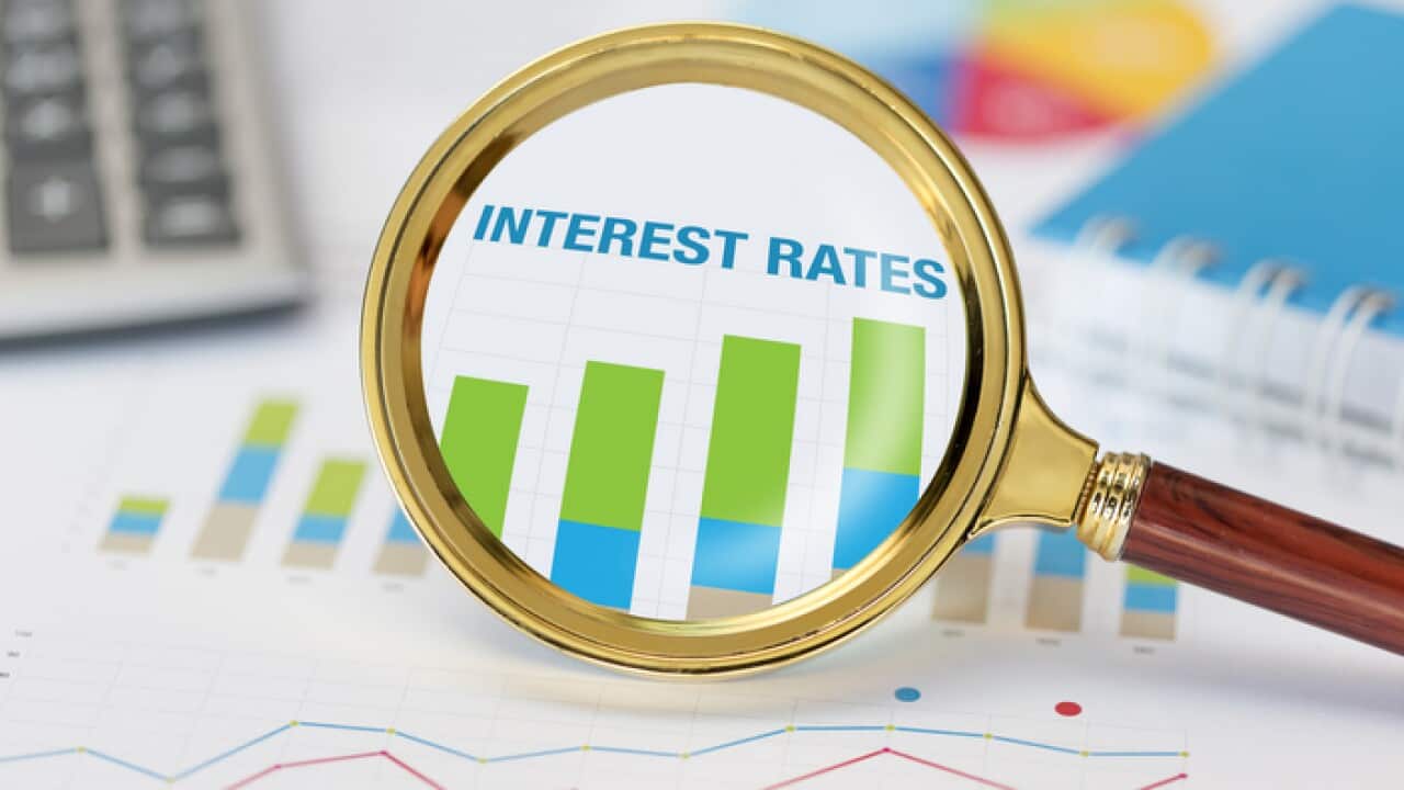 Magnifying glass and calculator on interest rates graph