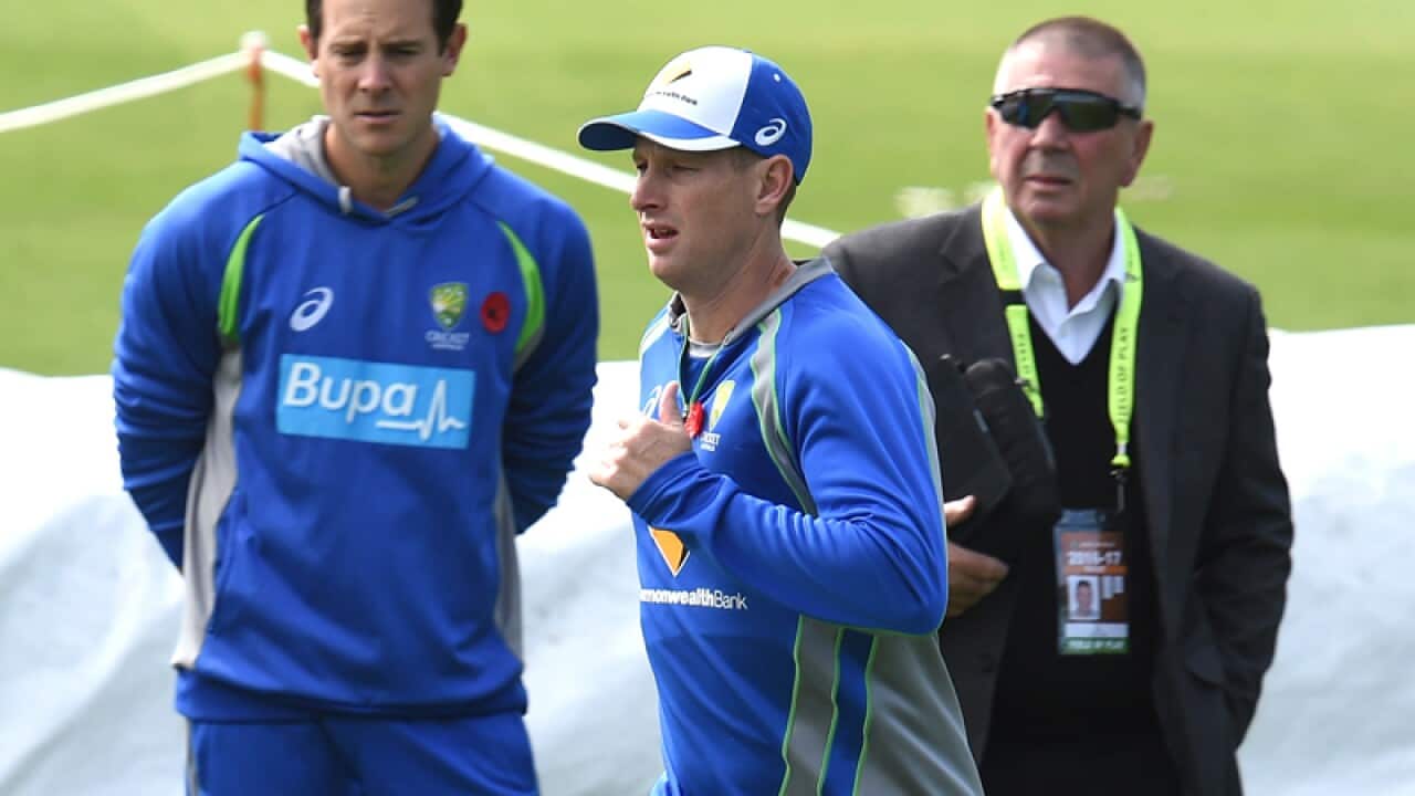 Australian batsman Adam Voges (C) during a fitness session