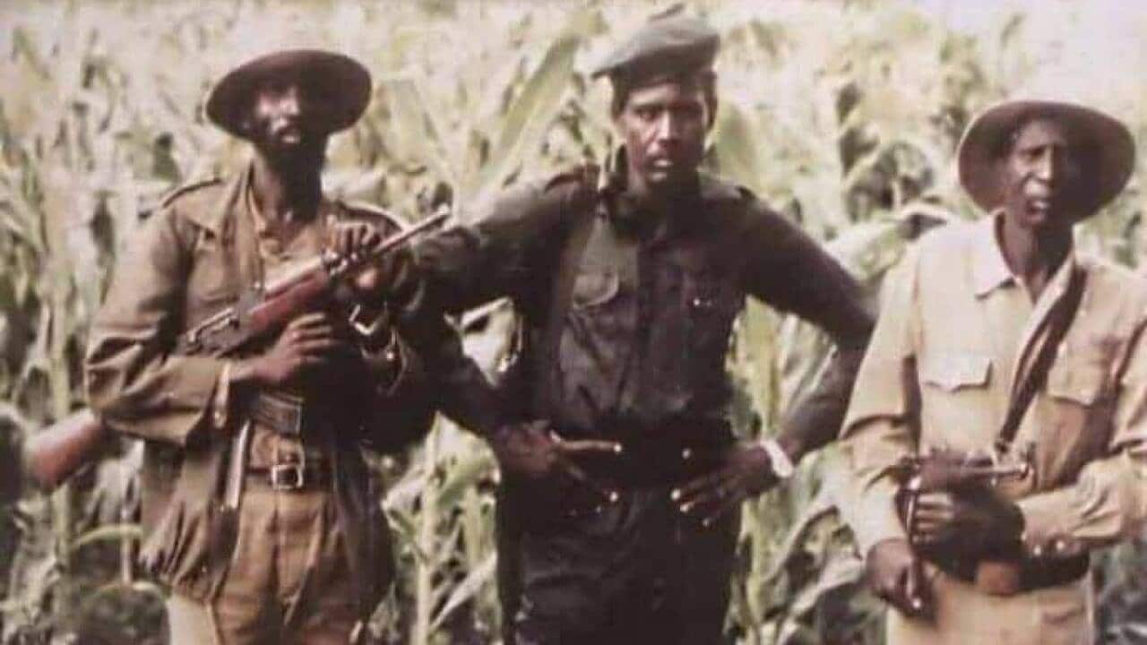 From left: President Salva Kiir, karbino Kuanyin Bol and General Chagai Atem