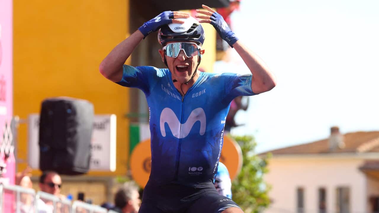 Pelayo Sanchez (Movistar) celebrates after winning Stage 6 of the 2024 Giro d'Italia