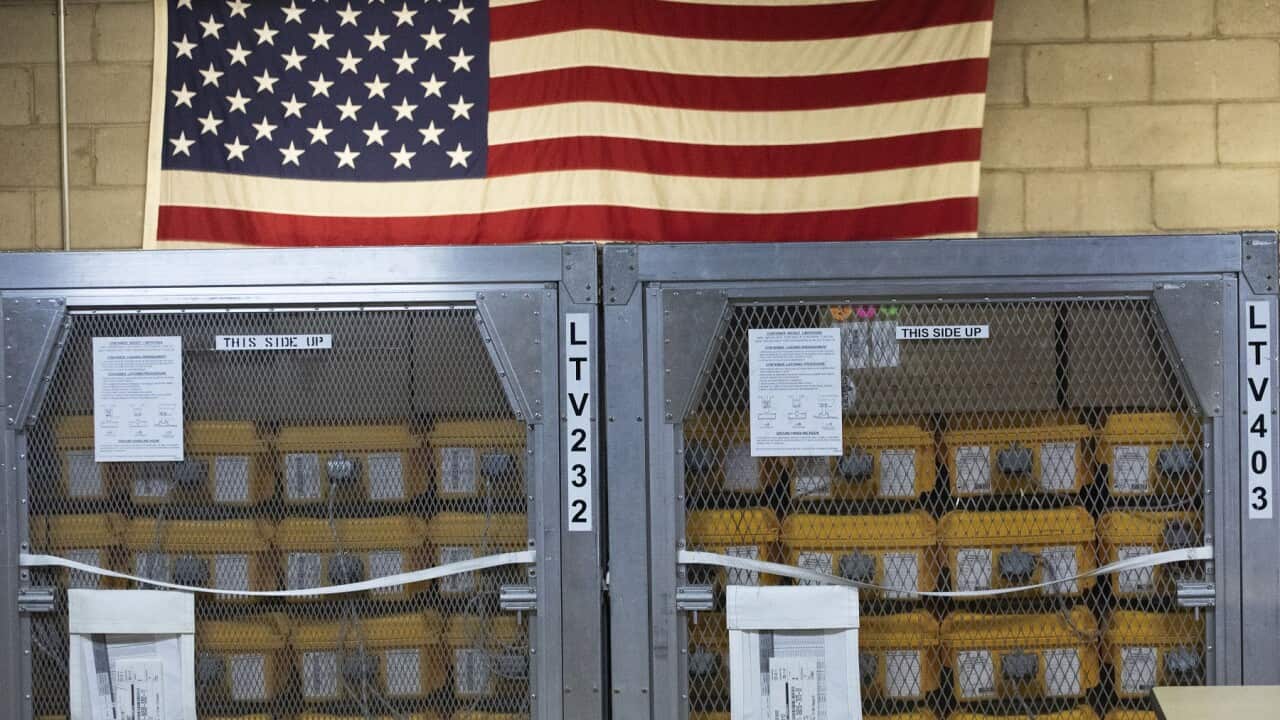 Cages of ventilators at the New York City Emergency Management Warehouse on 24 March 2020.