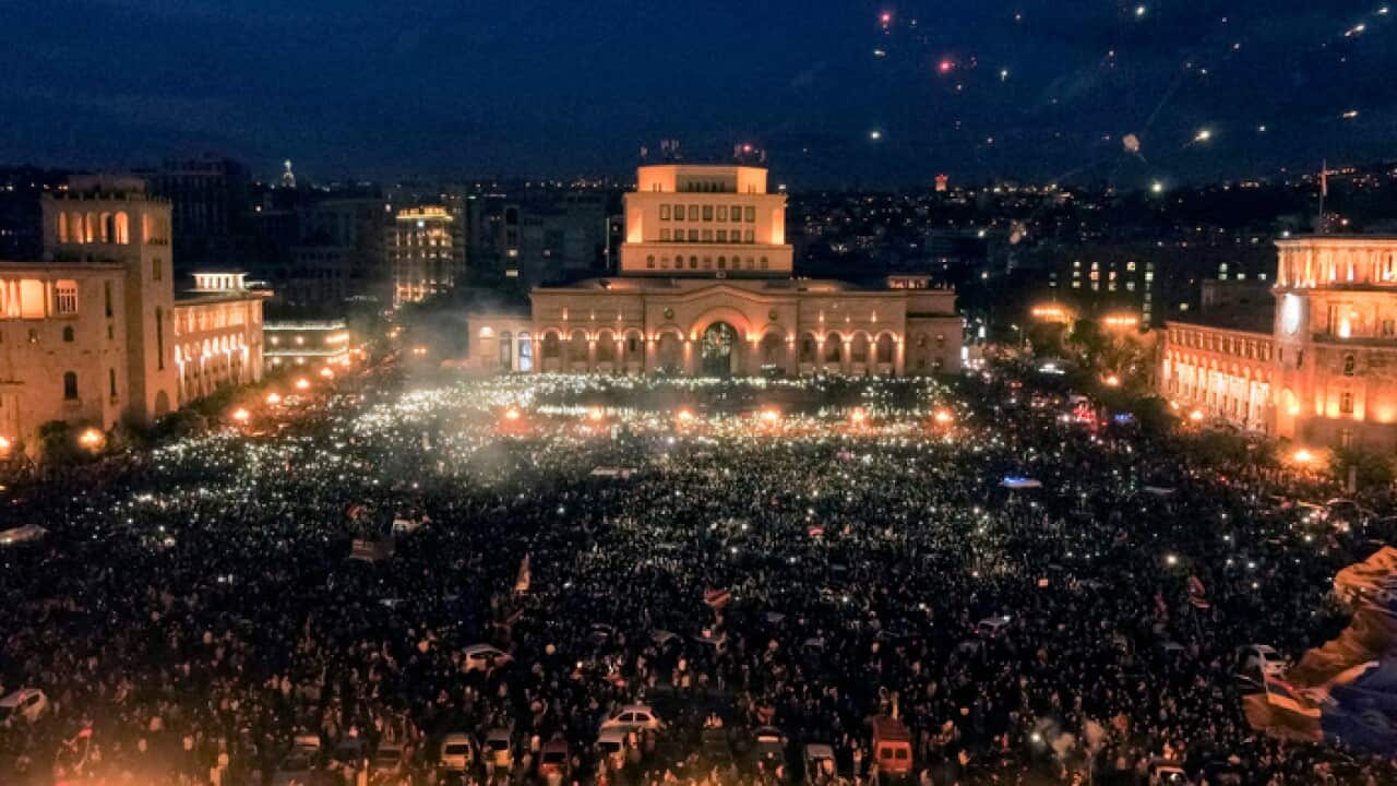Opposition demonstrators gathered in the Republic Square celebrating Armenian Prime Minister's Serzh Sargsyan's resignation