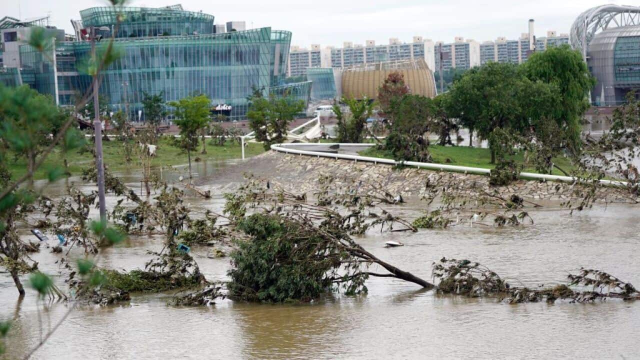 A flooded street is seen at Han river park after heavy rains in Seoul