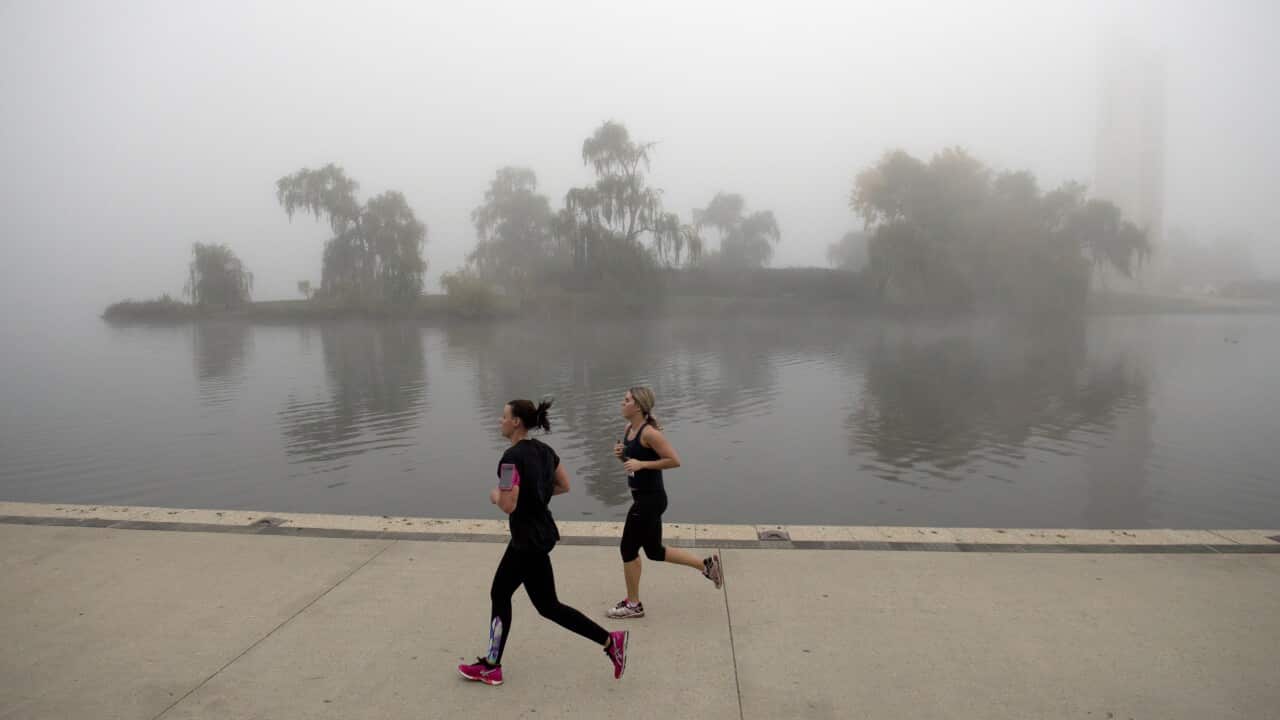 Joggers, in fog, run along the Lake Burley Griffin foreshore in Canberra.