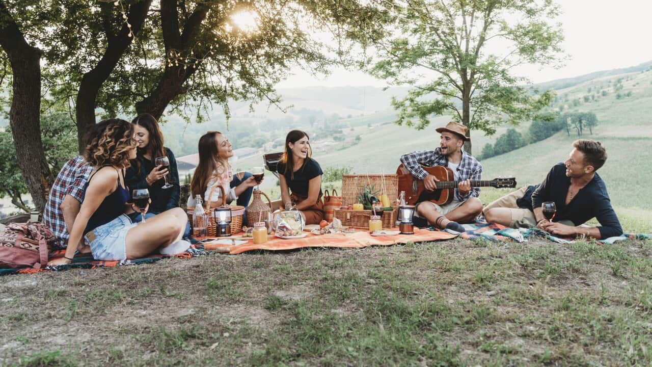 Friends doing a picnic together at sunset in the countryside