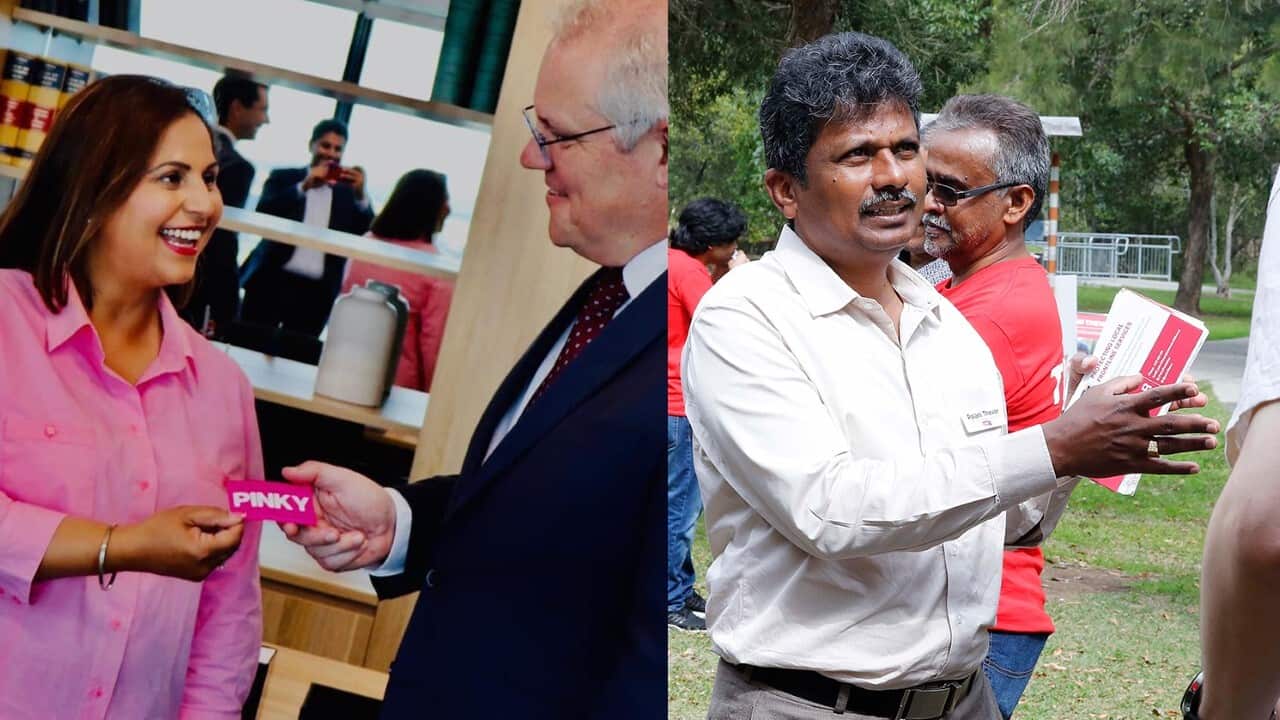 Pinky Singh (L) with PM Scott Morrison, Palani Thevar on the campaign trail.
