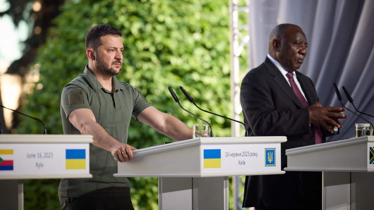 Volodymyr Zelensky and Cyril Ramaphosa during a joint press conference in Kyiv