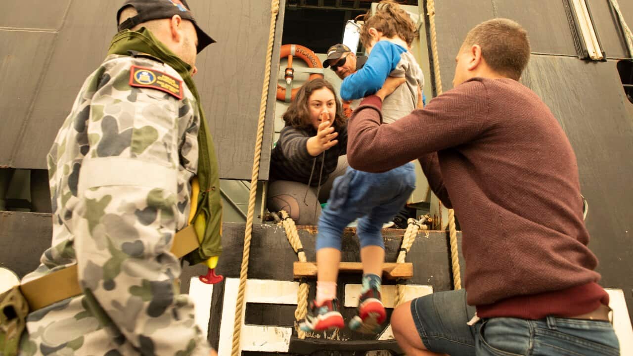 The Australian Department of Defence evacuates residents from Mallacoota, Victoria.