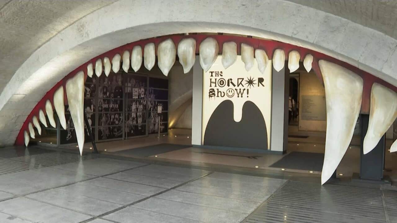 The entrance to the Horror Show exhibition in London (AP)