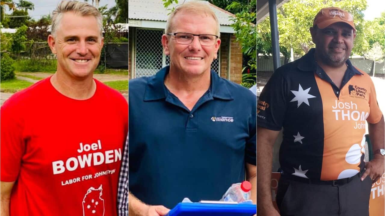 Johnston candidates Labor's Joel Bowden, Territory Alliance's Steven Klose, Country Liberal Party's Josh Thomas.