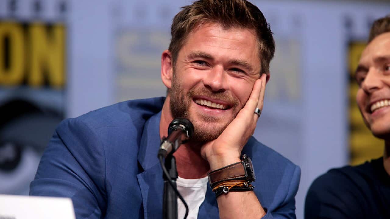 Chris Hemsworth speaking at the 2017 San Diego Comic Con International, for "Thor: Ragnarok", at the San Diego Convention Center in San Diego, California.