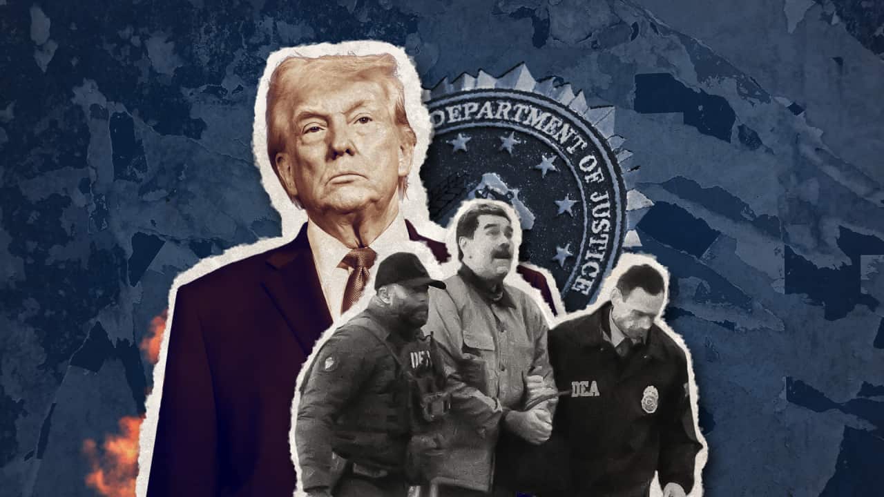 A graphic of US president Donald Trump looking stern above an image of the Venezuelan president in custody