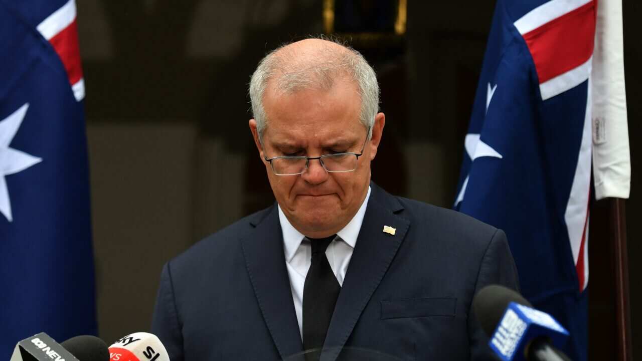 Australian Prime Minister Scott Morrison speaks to the media during a press conference following the death of Prince Philip, Duke of Edinburgh at Kirribilli House in Sydney, Saturday, April 10, 2021. (AAP Image/Mick Tsikas) NO ARCHIVING