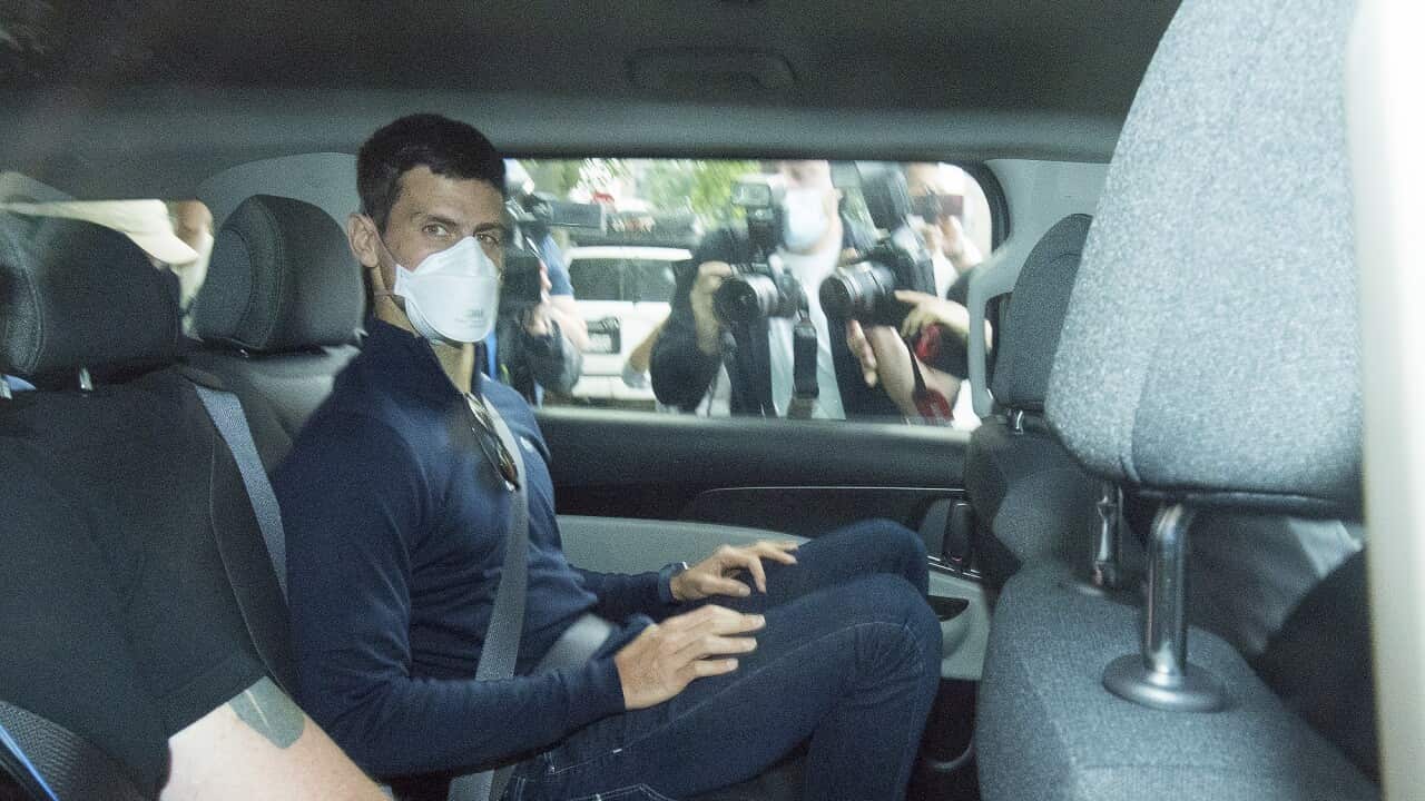 Serbian tennis player Novak Djokovic departs from the Park Hotel to travel to his lawyers' office on 16 January 2021.