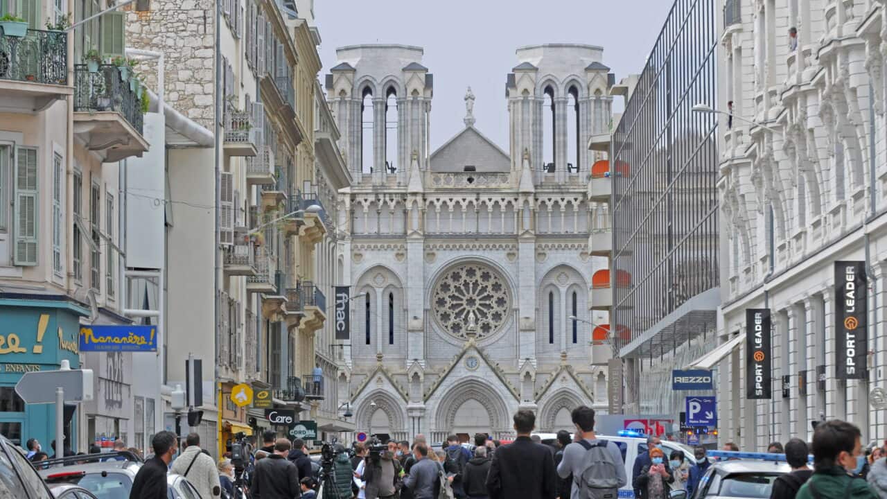 Police outside the Basilica of Notre-Dame de Nice after a knife attack in Nice, France on 29 October.
