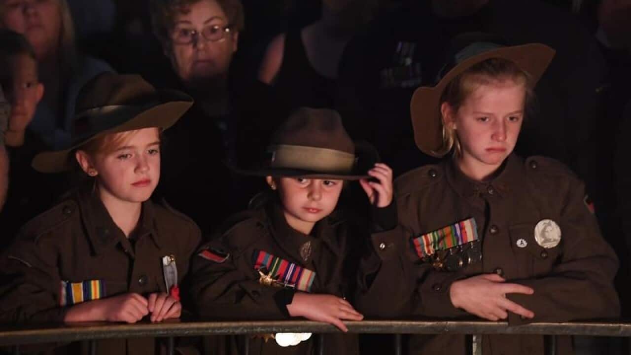 Children in uniform at Melbourne's Shrine of Remembrance dawn service.
