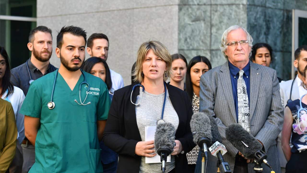 NSW Doctor Sara Townend (centre) and Australian Medical Association Federal Executive Dr Paul Bauertat (right) with other young doctors at a press conference at Parliament House in Canberra, Monday, February 11, 2019. (AAP Image/Mick Tsikas) NO ARCHIVING