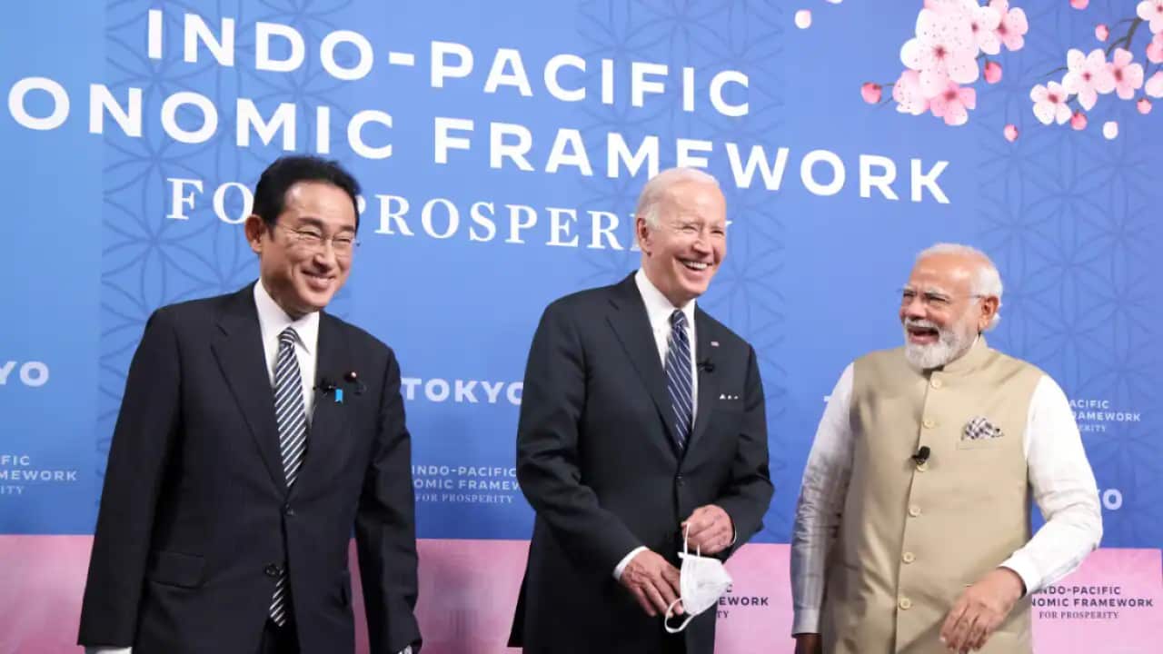 Japanese Prime Minister Fumio Kishida, U.S. President Joe Biden and Indian Prime Minister Narendra Modi attend a starting event for IPEF, Indo-Pacific Economic Framework, in Tokyo
