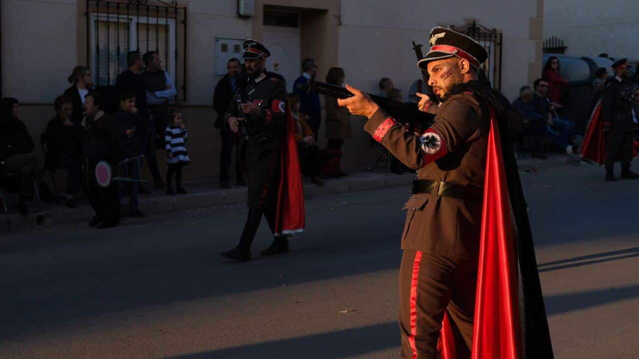 A man dressed as a nazi soldier is seen in a Holocaust-themed parade during Carnival festivities on February 24, 2020 in Campo de Criptana, Spain