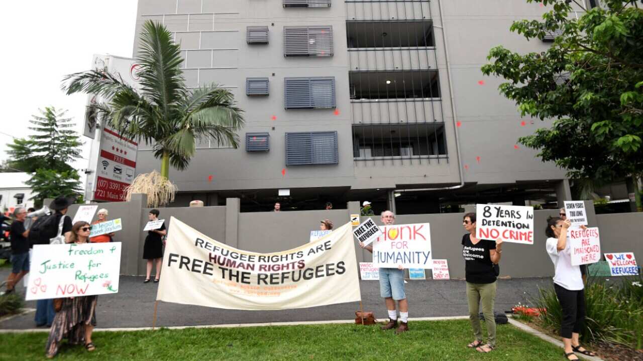 Activists hold a rally outside the Kangaroo Point Central Hotel in Brisbane, Monday, 1 March, 2021.