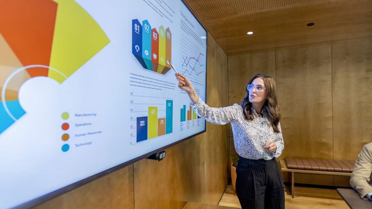 Woman giving a big data presentation on a tv in a board room.