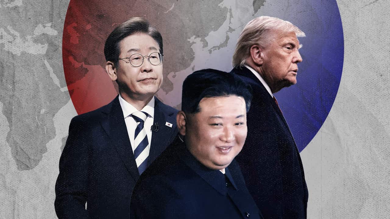 A composite image showing South Korean leader Lee Jae Myung, North Korean leader Kim Jong Un, and US leader Donald Trump.