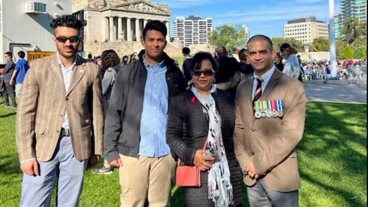 The Bhagat family at the Anzac Service in Melbourne on April 25, 2022.