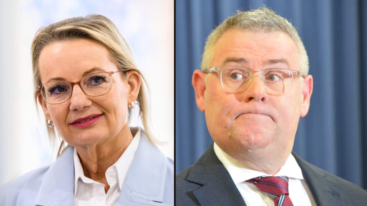 A split image of a woman in an aqua-blue suit on the left, and a man frowning.