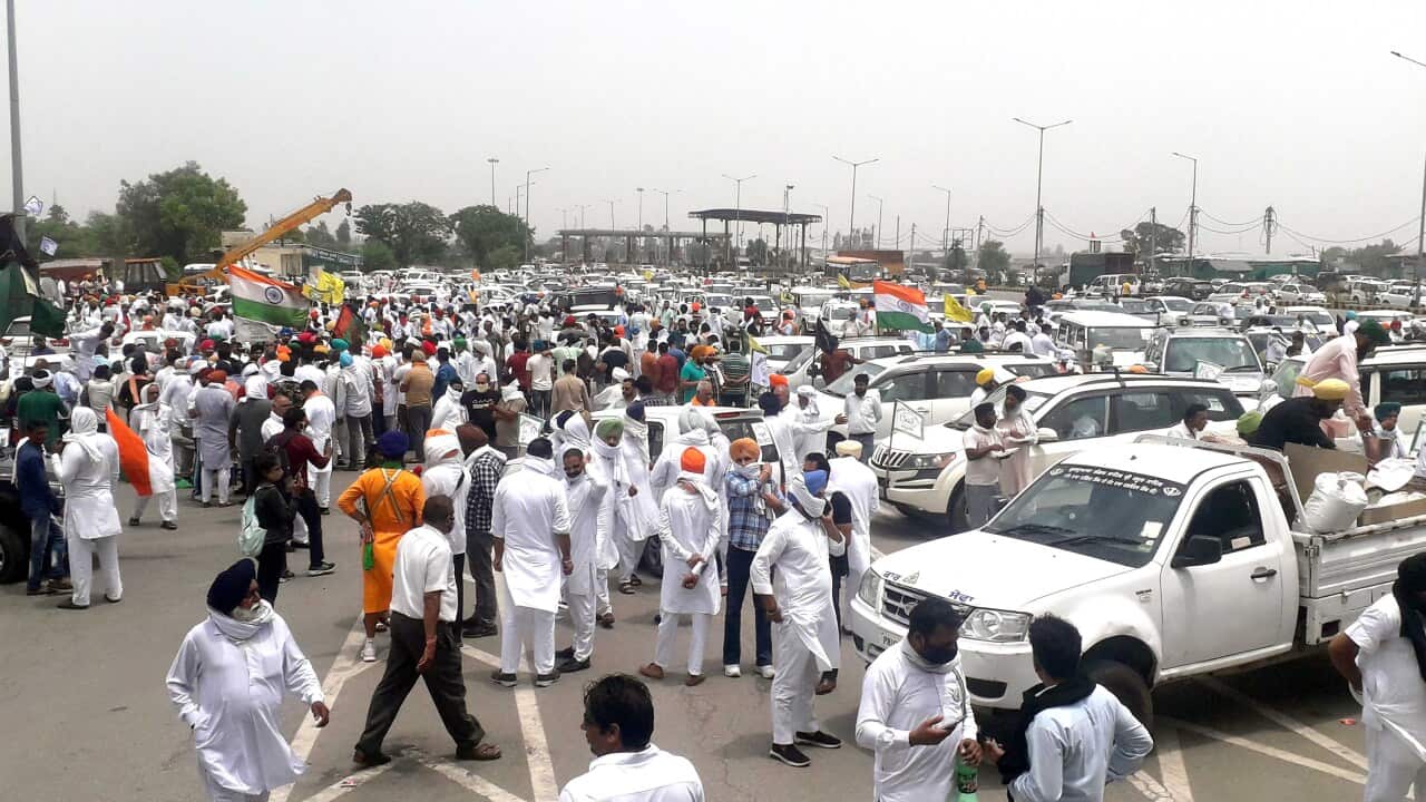 Farmers gathered for a protest march against new farm laws, from Karnal to Singhu Border on 23 May 2021 in Karnal, India.