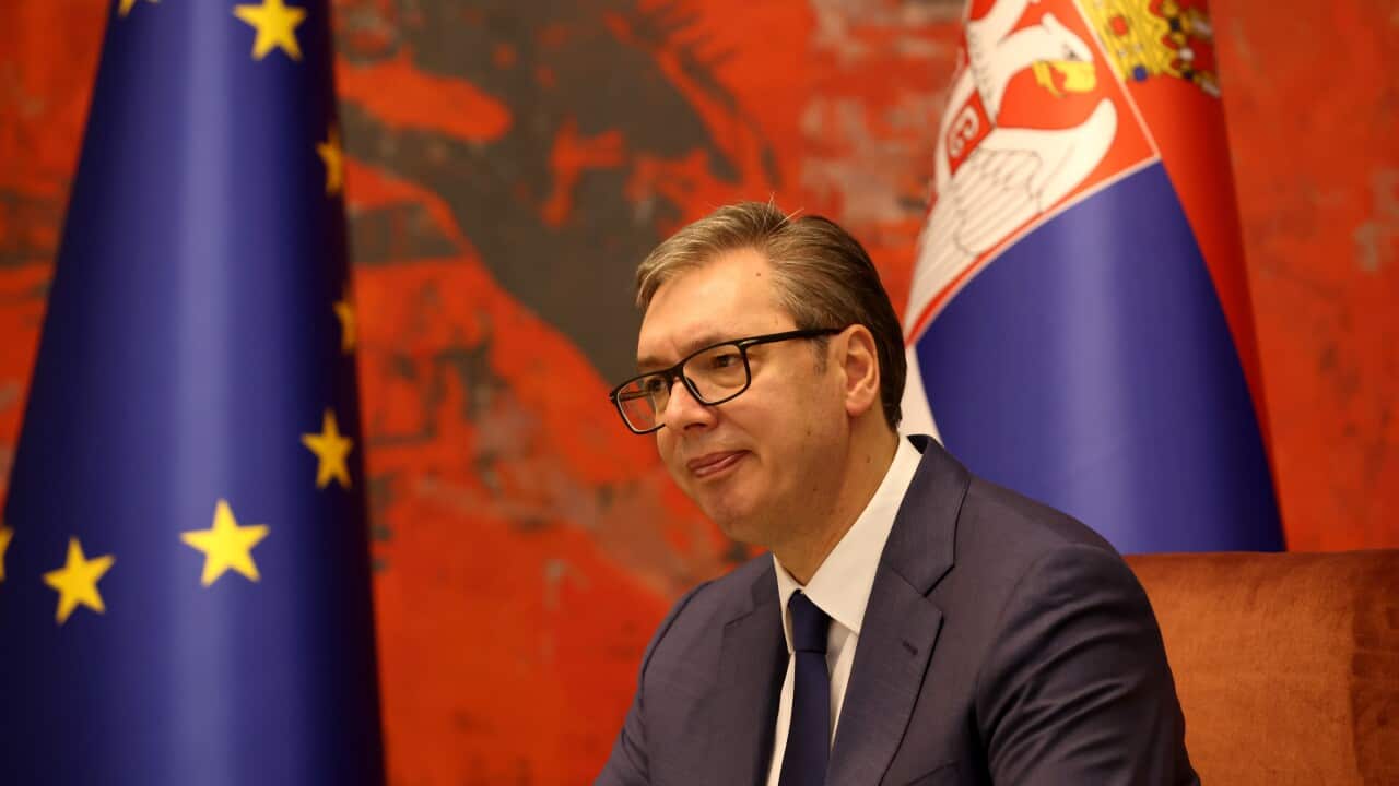 Serbian President Aleksandar Vucic talks with the President of the European Commission Ursula von der Leyen (not pictured) during their meeting in Belgrade, Serbia