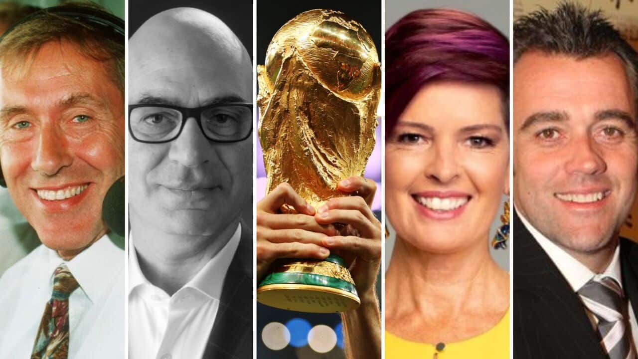 (L to R) Martin Tyler, David Basheer, Image of World Cup, Tracey Holmes, Simon Hill