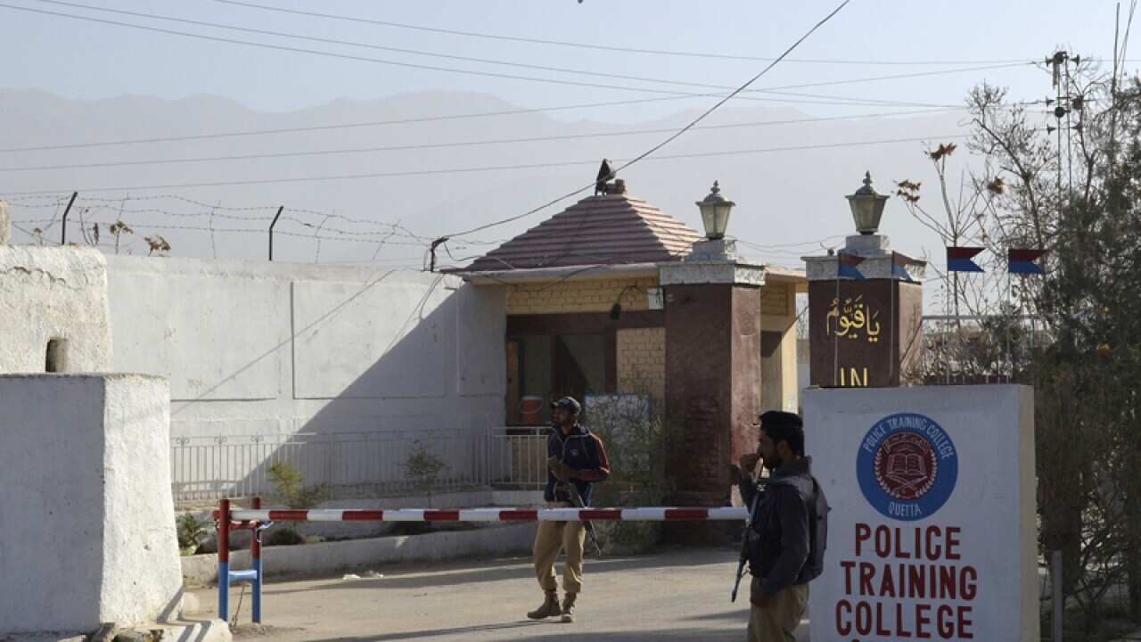 Pakistani police officers outside a police training centre in Quetta