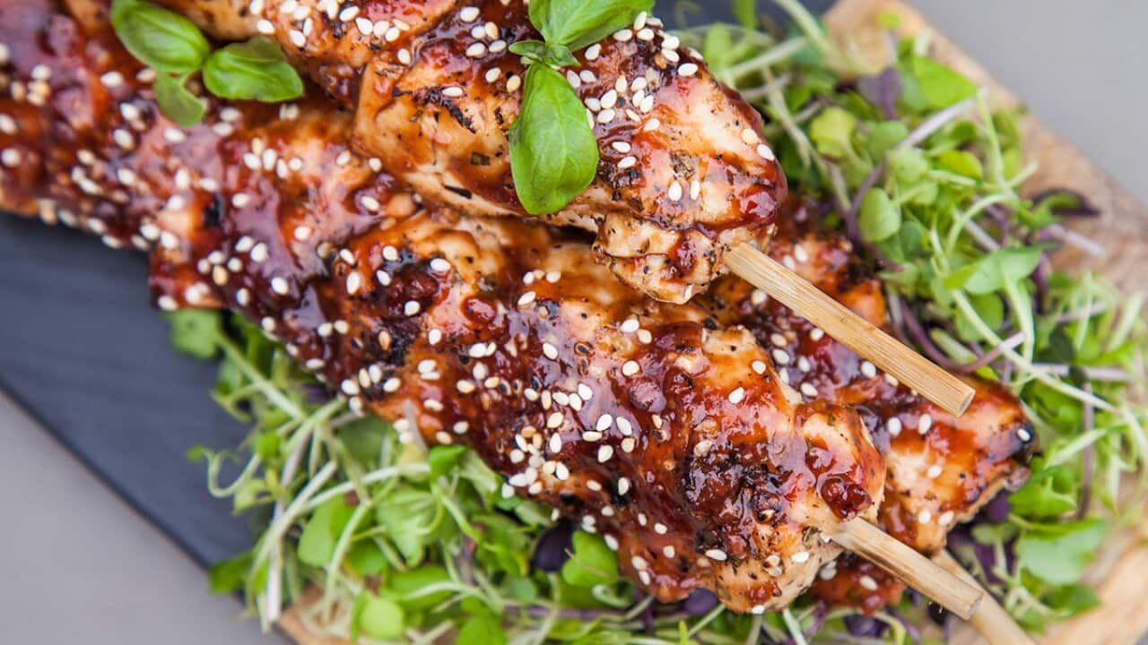 Chicken skewers with plum sauce