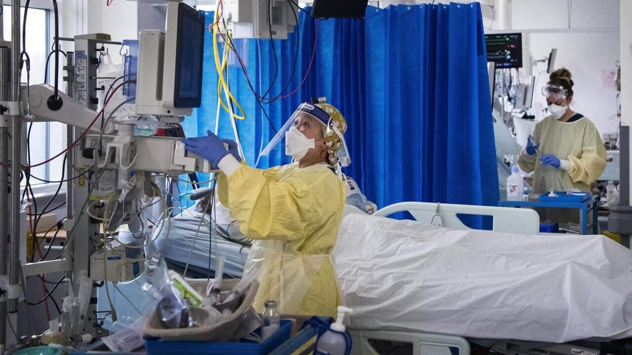 Nurses care for COVID-19 patients in the Intensive Care Unit in St George's Hospital in Tooting, south-west London.