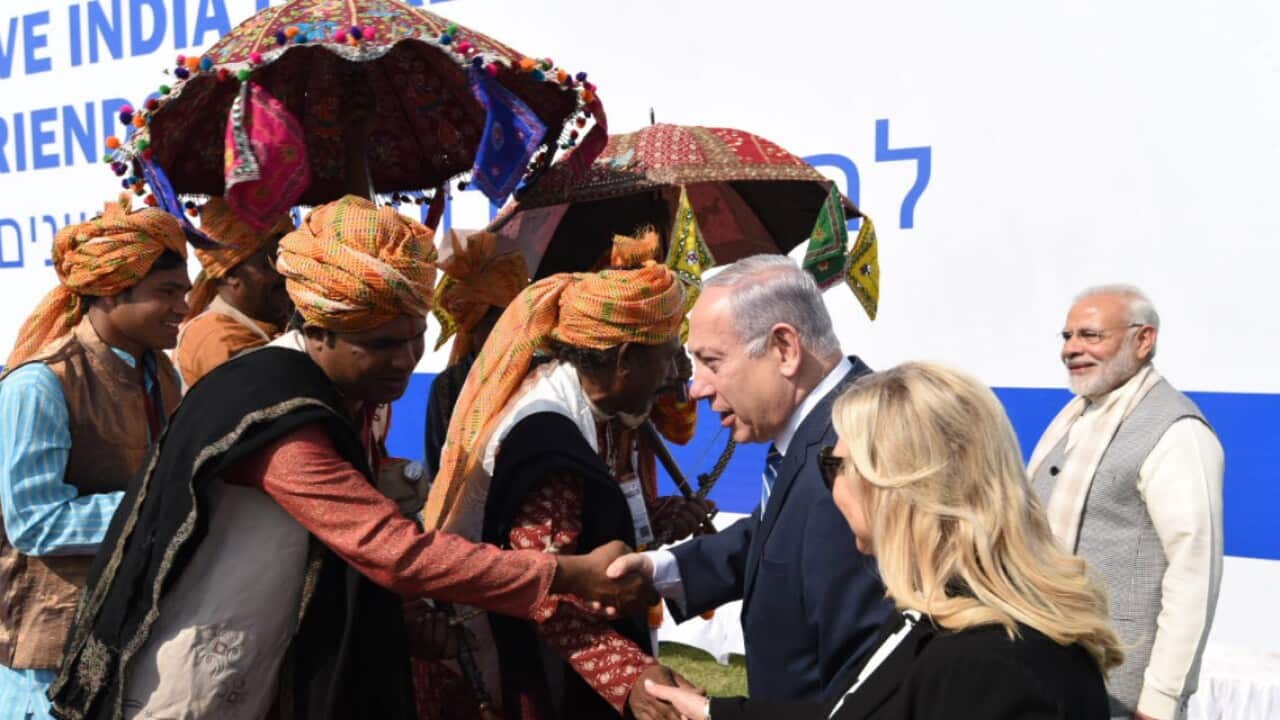 Israeli PM Netanyahu being welcomed in Gujarat