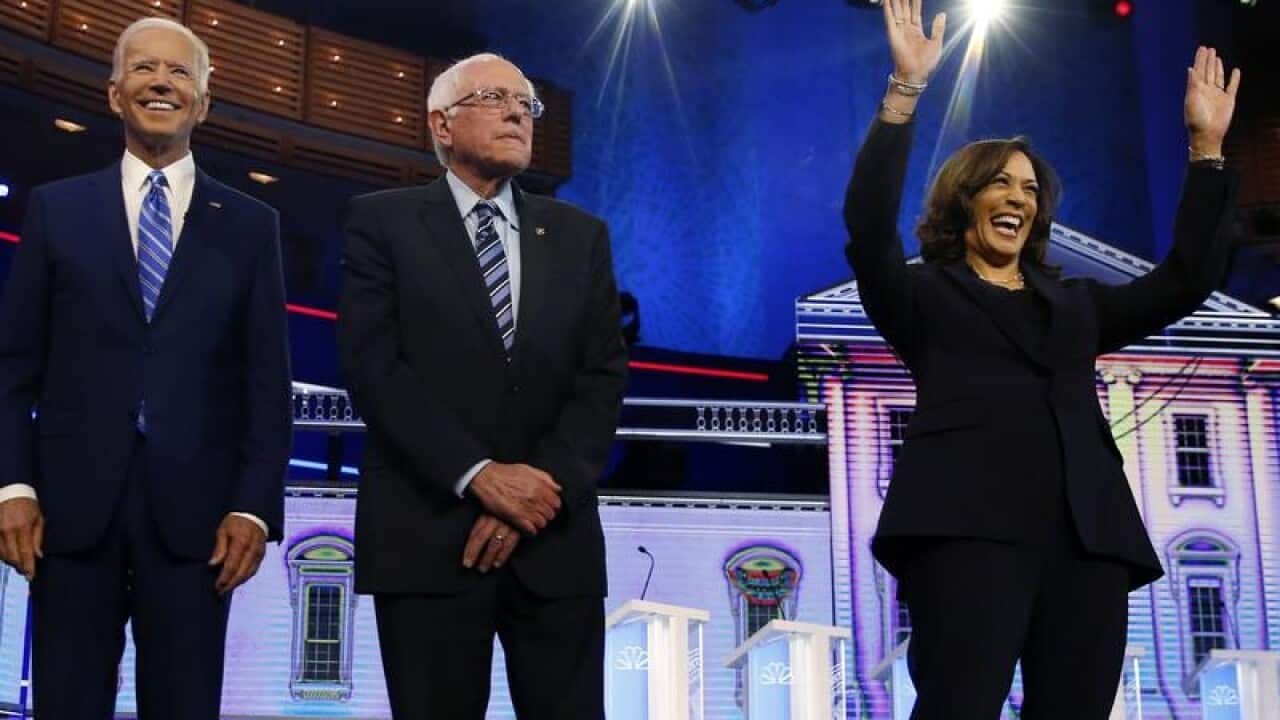 Joe Biden, Sen. Bernie Sanders, and Sen. Kamala Harris, D-Calif.