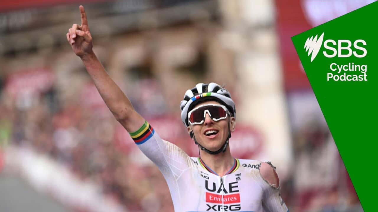 SIENA, ITALY - MARCH 08: Tadej Pogacar of Slovenia and UAE Team Emirates-XRG celebrates at finish line as race winner competes during the 19th Strade Bianche 2025, Men's Elite a 213km one day race from Siena to Siena 320m / #UCIWT / on March 08, 2025 in Siena, Italy. (Photo by Tim de Waele/Getty Images)