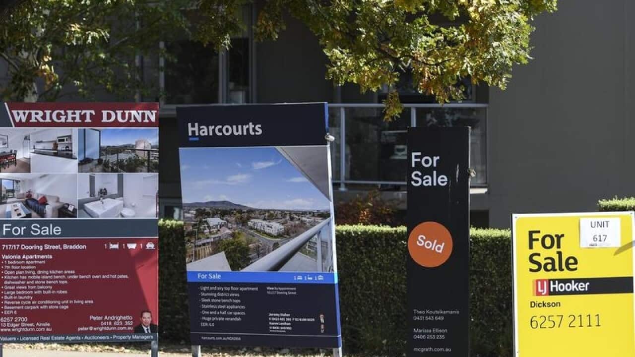 For sale signs outside an apartment block in Canberra
