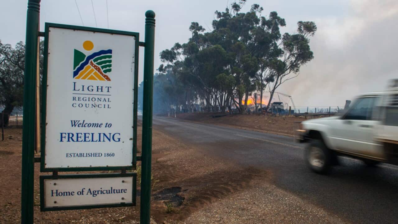 A shed burns at the entrance to Freeling in South Australia