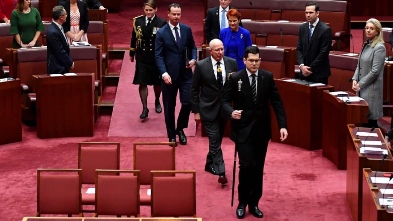 Governor-General of Australia General David Hurley arrives to deliver his address in the Senate at Parliament House in Canberra