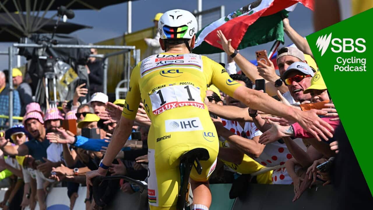 LE MARKSTEIN, FRANCE - JULY 18: Detailed view of Tadej Pogacar of Slovenia and UAE Team Emirates - XRG - Yellow Leader Jersey celebrates at finish line as stage winner during the 113th Tour de France 2026 - Stage 14 a 155.3km a 155.3km stage from Mulhouse to Le Markstein 1189m / #UCIWT / on July 18, 2026 in Le Markstein, France. (Photo by Tim de Waele/Getty Images)