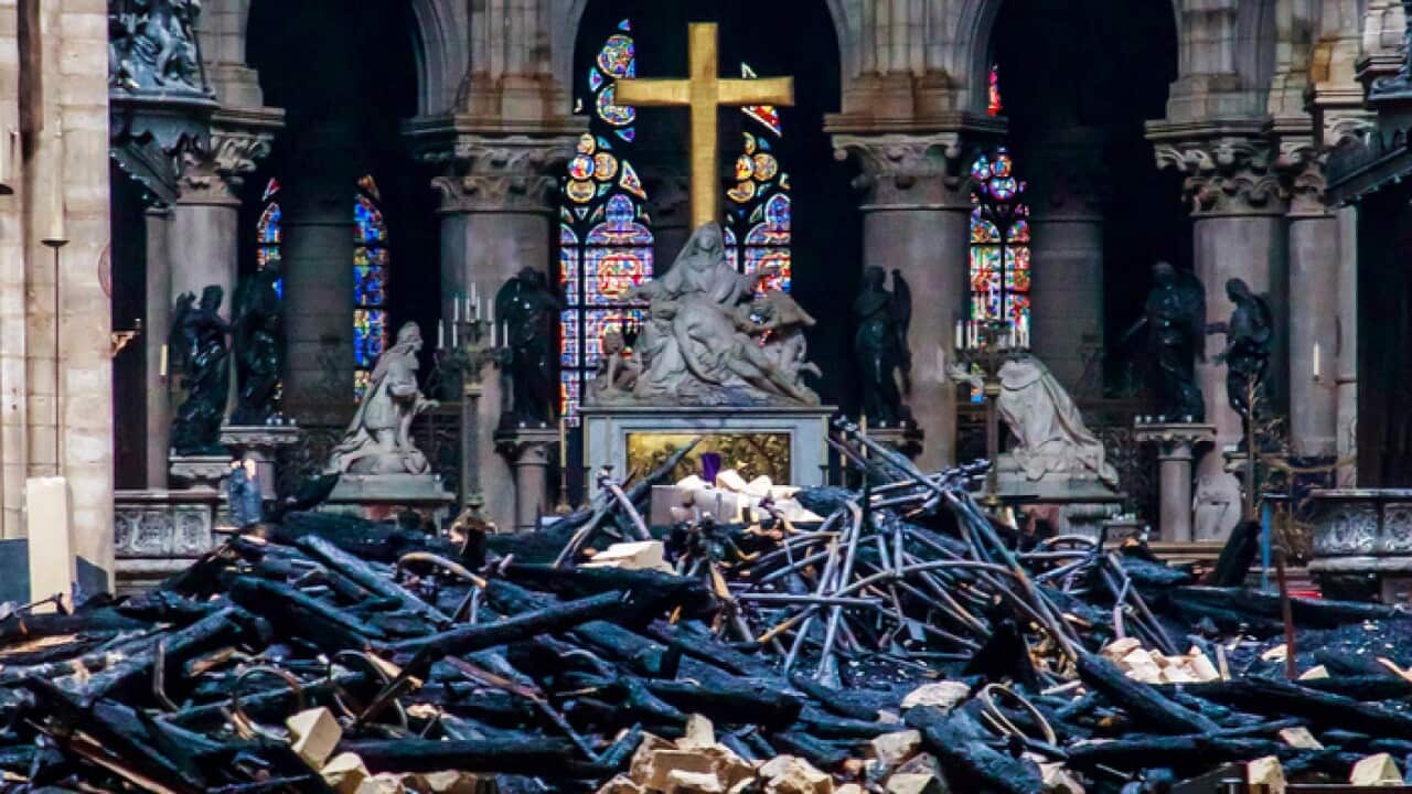 Debris inside Notre Dame cathedral in Paris